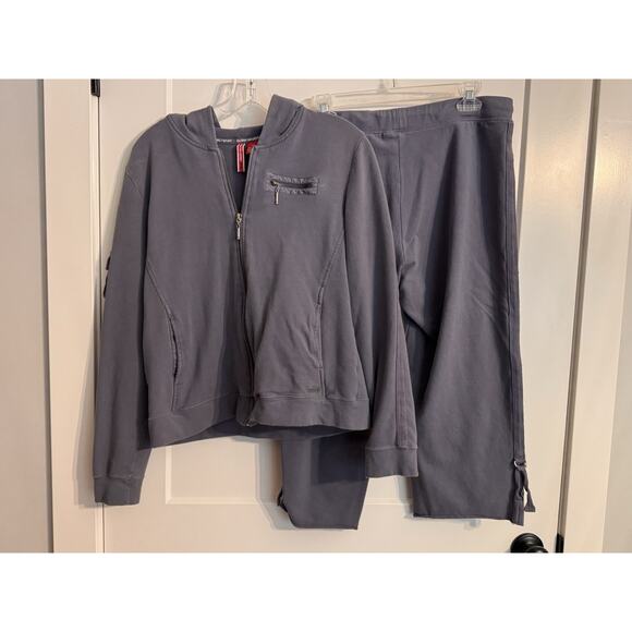 Gloria Vanderbilt 2 Piece Track Suit Lounge Gray Sz L Workout Hood Zip Pull On - Picture 2 of 16